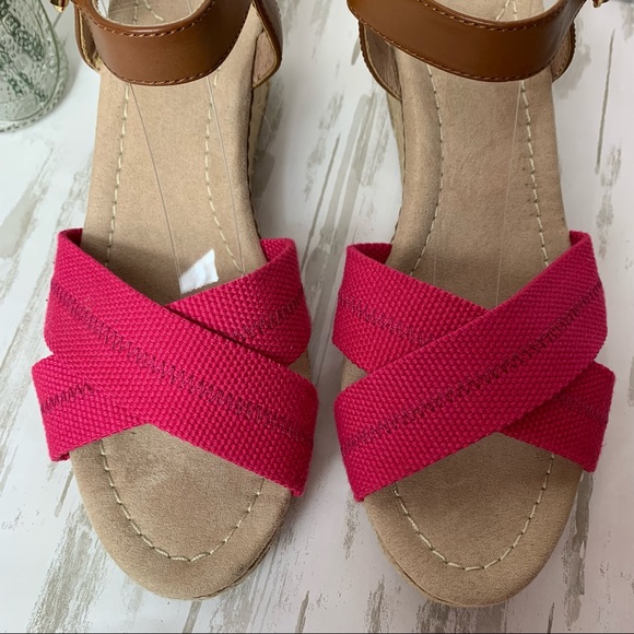 Lands End Wedge Sandal Leather Canvas Pink Sz 9B - Picture 3 of 8